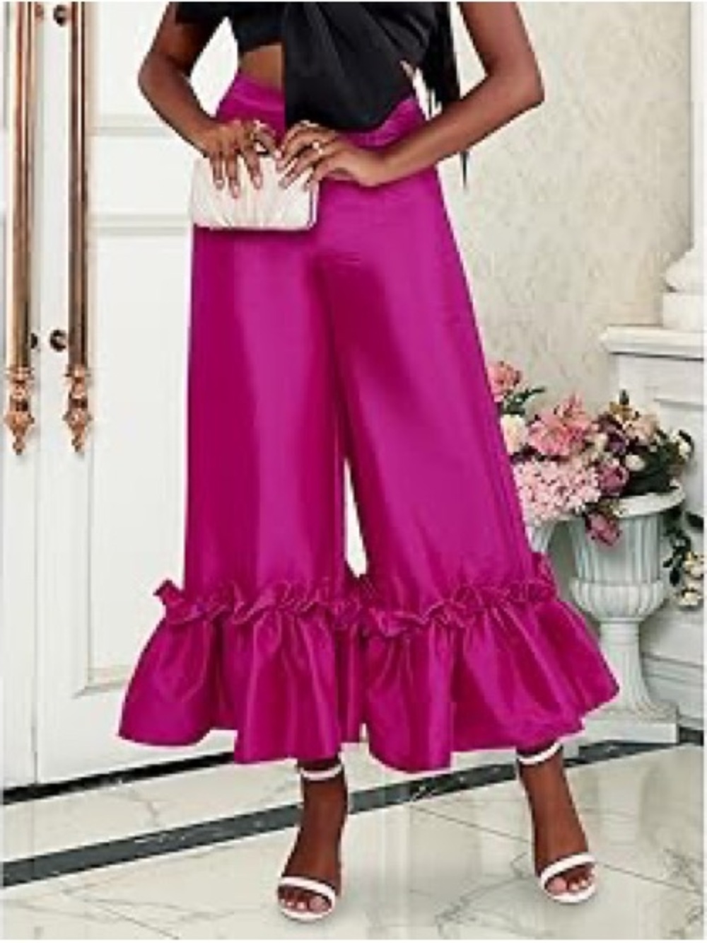 High-Rise Ruffle-Hem Wide Leg Capris in Magenta